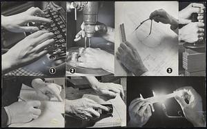 Hands Used in Various Jobs to earn their owners a living are pictured by a cameraman in the offices, laboratories and factory of the General Electric plant in Schenectady, N. Y. (1) The hands and polished fingernails of the office stenographers and typists spent many hours acquiring the skill necessary to punch the keys errorlessly, effortlessly and smoothly. (2) A drill press is readied by these hands which perform the operation almost automatically. (3) The draftsman prepares detailed drawings of the design made by the engineer. (4) The switch which controls electric power in a manufacturing operation is closed. (5) A sales engineer records an estimate for a customer. (6) A carpenter planes a wood section. (7) The quick experienced hands of a technician working in the laboratory.