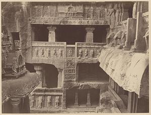 Façade of cave adjoining Indra Sabha [Richly-carved façade of Jain cave between Indra Sabha (Cave XXXII) and Jaganatha Sabha (Cave XXXIII), Ellora]