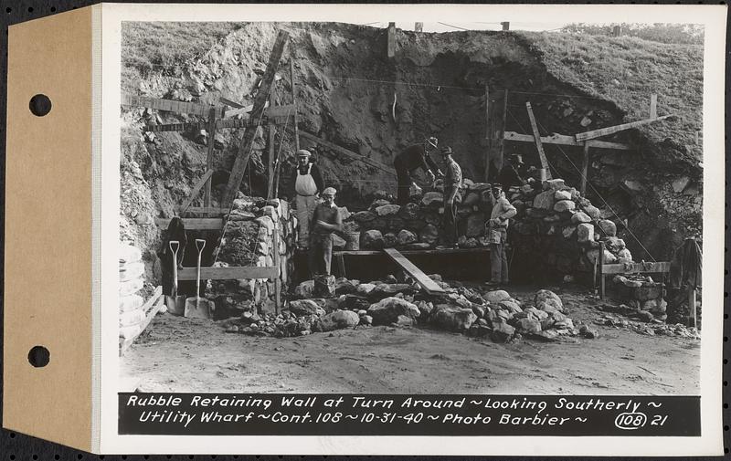 Contract No. 108, Utility Wharves, Quabbin Reservoir, Ware, rubble retaining wall at turn around, looking southerly, Ware, Mass., Oct. 31, 1940