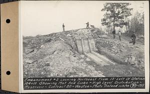 Contract No. 80, High Level Distribution Reservoir, Weston, embankment 5 looking northeast from 15 feet left of Sta. 104+10, showing mat and curbs, high level distribution reservoir, Weston, Mass., Nov. 2, 1939