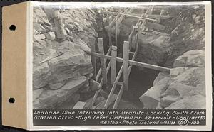 Contract No. 80, High Level Distribution Reservoir, Weston, diabase dike intruding into granite looking south from Sta. 51+25, high level distribution reservoir, Weston, Mass., Nov. 28, 1939