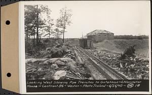 Contract No. 96, Chlorine Storage House and Equipment and Chlorinating Equipment for Gate House at Norumbega Reservoir, Weston, looking west showing pipe trenches to gatehouse, chlorinator house, Weston, Mass., Jun. 26, 1940