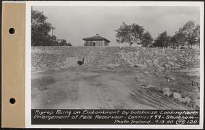 Contract No. 99, Enlargement of Fells High Level Distribution Reservoir, Stoneham, Malden, Melrose, riprap facing on embankment by gatehouse, looking north, enlargement of Fells Reservoir, Stoneham, Mass., Sep. 13, 1940