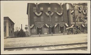 Railroad Square buildings decorated with patriotic bunting