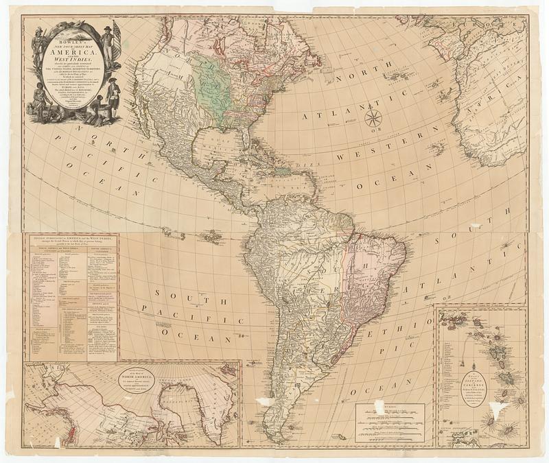 Bowles's new four-sheet map of America, and the West Indies, wherein are particularly ascertained the limits and extent of the United States, reserved territory, and European possessions as settled by the last treaty of peace