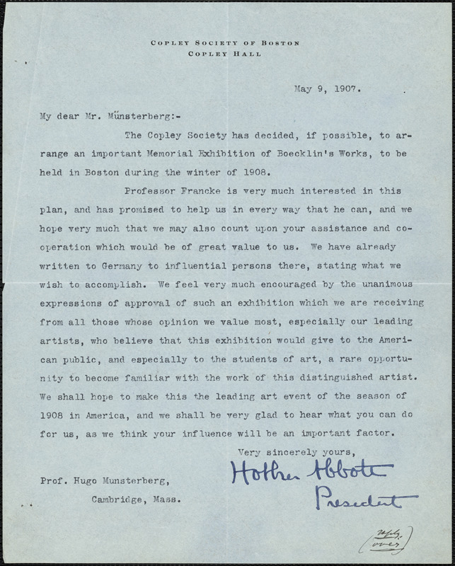 Abbot, Holker, 1858-1930 typed letter signed to Hugo Münsterberg, Boston, 09 May