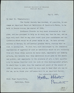 Abbot, Holker, 1858-1930 typed letter signed to Hugo Münsterberg, Boston, 09 May