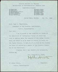 Abbot, Holker, 1858-1930 typed note signed to Hugo Münsterberg, Boston, 16 January 1909