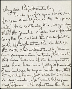 Abbot, Holker, 1858-1930 autograph letter signed to Hugo Münsterberg, Wellsley Hills, 07 April 1909