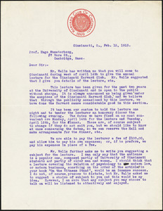 Ach, Laurence R. 2 typed letters signed to Hugo Münsterberg, Cincinnati, Ohio, 15 February & 03 March 1913