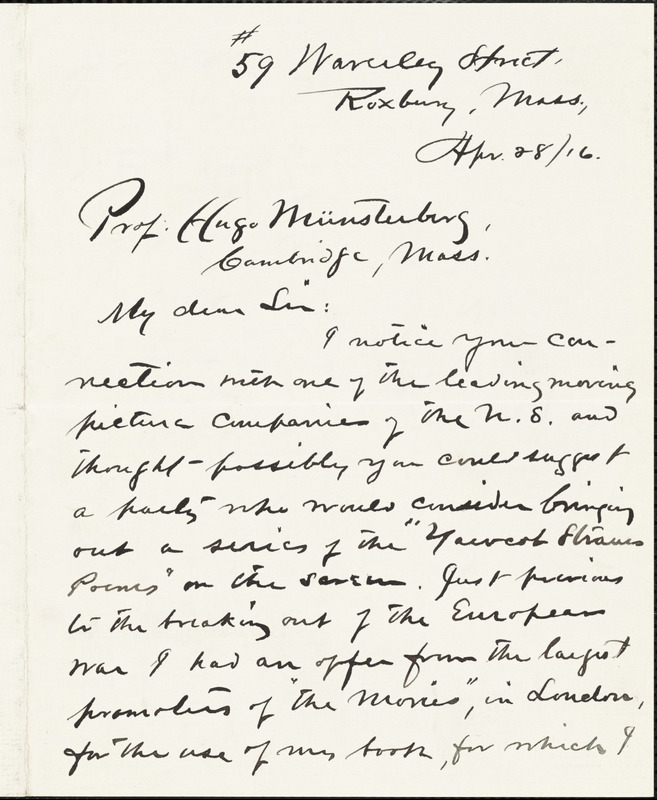 Adams, Charles Follen, 1842-1918 autograph letter signed to Hugo Münsterberg, Roxbury, Mass., 28 April 1916