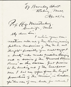 Adams, Charles Follen, 1842-1918 autograph letter signed to Hugo Münsterberg, Roxbury, Mass., 28 April 1916