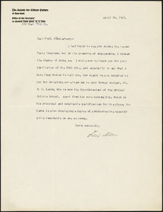 Adler, Felix, 1851-1933 typed letter signed to Hugo Münsterberg, New York, 24 April 1907