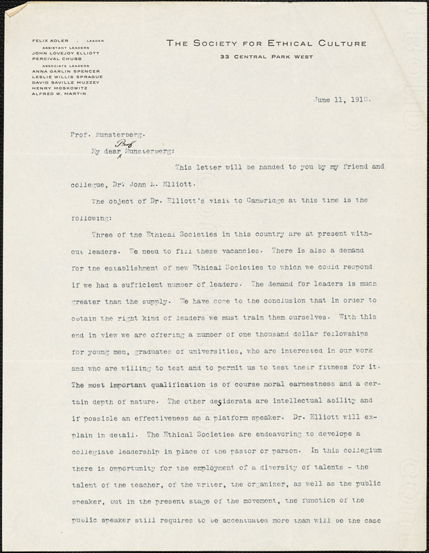 Adler, Felix, 1851-1933 typed letter signed to Hugo Münsterberg, New York, 11 June 1910
