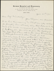 Adler, Herman M. (Herman Morris), 1876-1935 autograph letter signed to Hugo Münsterberg, New York, 28 April 1915