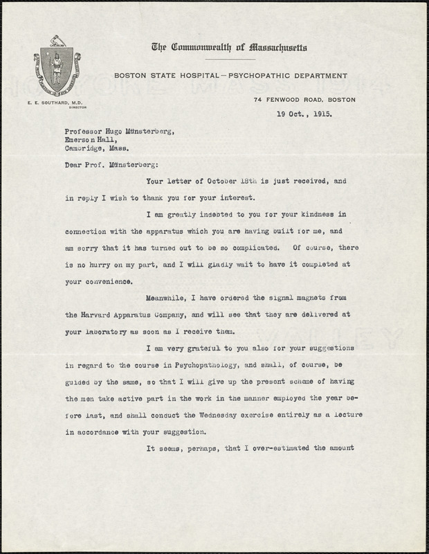 Adler, Herman M. (Herman Morris), 1876-1935 typed letter signed to Hugo Münsterberg, New York, 19 October 1915