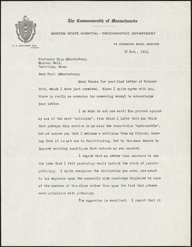Adler, Herman M. (Herman Morris), 1876-1935 typed letter signed to Hugo Münsterberg, New York, 27 October 1915