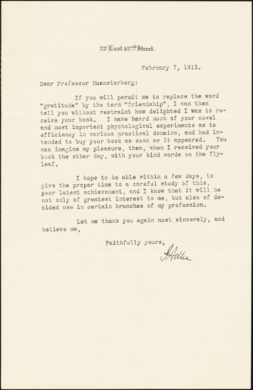 Adler, I. (Isaac), 1849-1918 typed letter signed to Hugo Münsterberg, New York, 07 February 1913