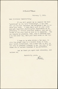 Adler, I. (Isaac), 1849-1918 typed letter signed to Hugo Münsterberg, New York, 07 February 1913