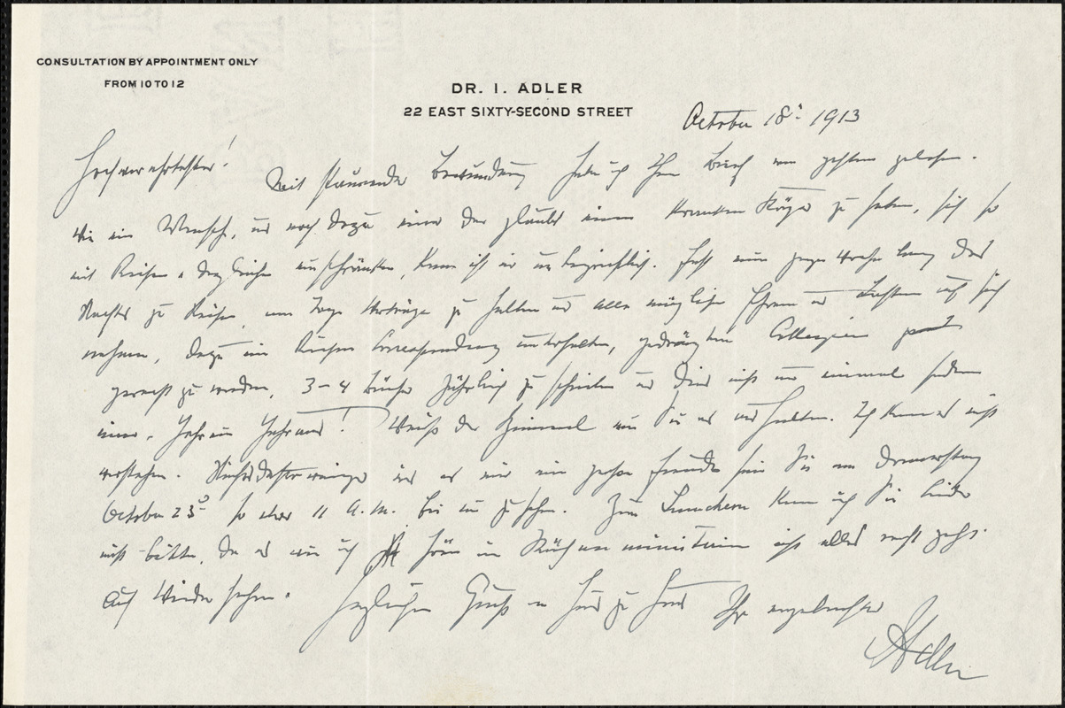 Adler, I. (Isaac), 1849-1918 autograph note signed to Hugo Münsterberg, New York, 18 October 1913