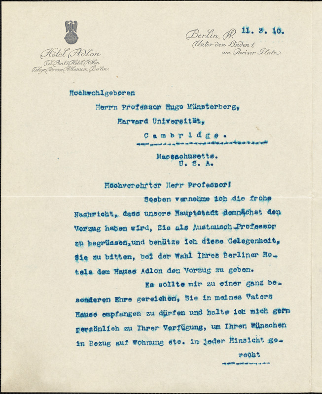 Adlon, Louis typed letter signed to Hugo Münsterberg, Berlin, 03 November 1910