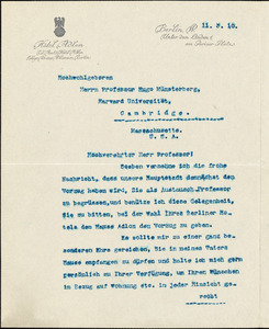 Adlon, Louis typed letter signed to Hugo Münsterberg, Berlin, 03 November 1910