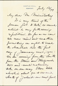 Agassiz, Alexander, 1835-1910 autograph letter signed to Hugo Münsterberg, Newport, R.I., 13 July 1899