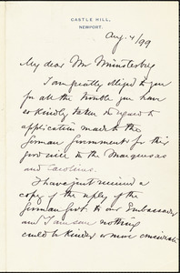 Agassiz, Alexander, 1835-1910 autograph letter signed to Hugo Münsterberg, Newport, R.I., 04 August 1899