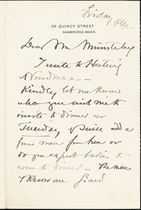 Agassiz, Alexander, 1835-1910 autograph letter signed to Hugo Münsterberg, Cambridge, Mass.