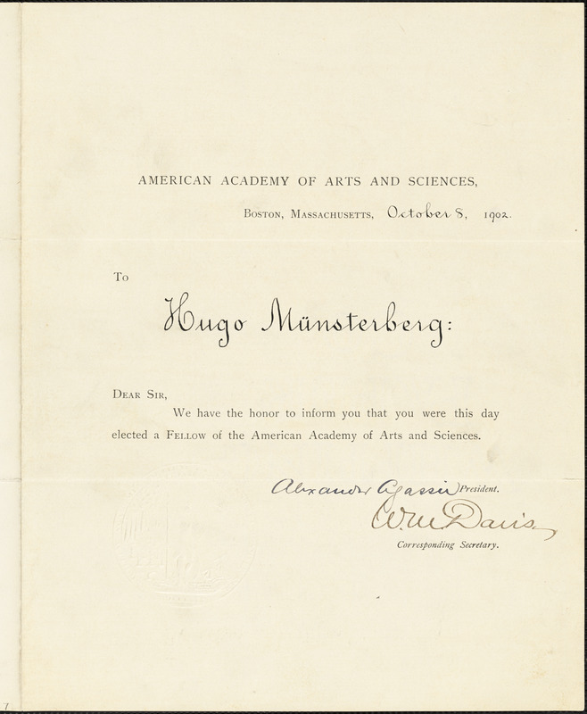 Agassiz, Alexander, 1835-1910 letter signed to Hugo Münsterberg, Boston, 08 October 1902