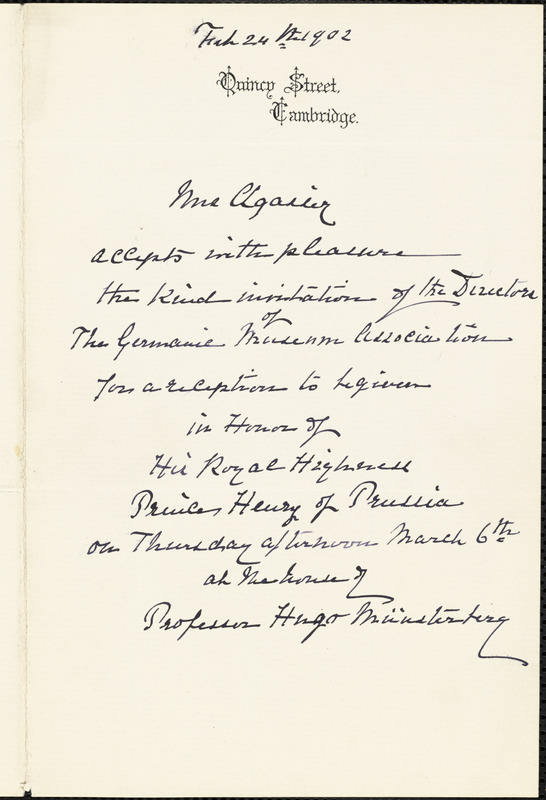 Agassiz, Elizabeth Cabot Cary, 1822-1907 autograph note (3rd person) to Hugo Münsterberg, Cambridge, Mass., 24 February 1902