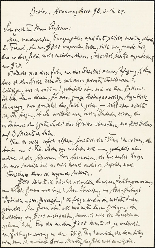 Albrecht, Adalbert autograph letter signed to Hugo Münsterberg, Boston