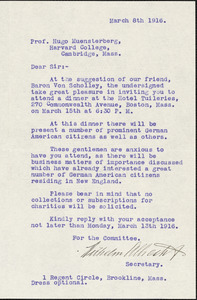 Albrecht, Wilhelm typed letter signed to Hugo Münsterberg, Brookline, Mass., 08 March 1916