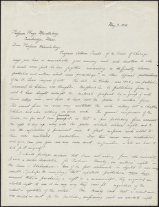 Albright, Evelyn May, 1880-1942 autograph letter signed to Hugo Münsterberg, Chicago, 09 May 1916