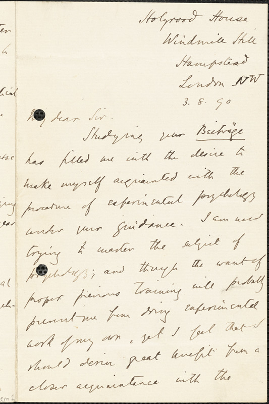 Alexander, Samuel, 1859-1938 autograph letter signed to Hugo Münsterberg, London, 03 August 1890