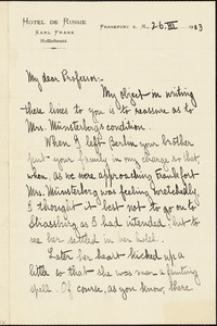 Alsberg, Carl, 1877-1940 autograph letter signed to Hugo Münsterberg, Frankfurt A.M., 26 March 1903
