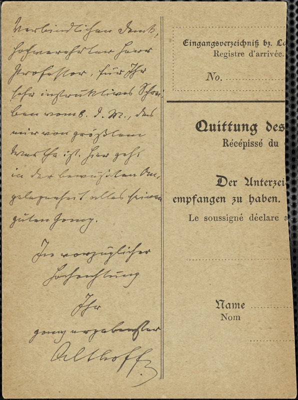 Althoff, Friedrich, 1839-1908 autograph note signed to Hugo Münsterberg