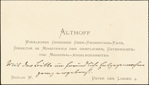 Athoff, Friedrich, 1839-1908 autograph printed card to Hugo Münsterberg, [Germany], May 1905