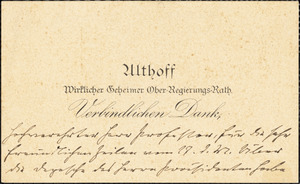 Althoff, Friedrich, 1839-1905. autograph printed card signed to Hugo Münsterberg, 29 June 1905