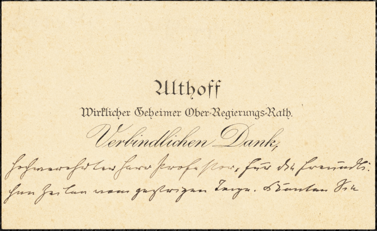 Althoff, Friedrich, 1839-1905. autograph printed card signed to Hugo Münsterberg, 3 July 1905