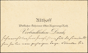 Althoff, Friedrich, 1839-1905. autograph printed card signed to Hugo Münsterberg, 3 July 1905