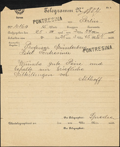 Althoff, Friedrich, 1839-1905. telegram to Hugo Münsterberg, Pontresina, 25 August 1905