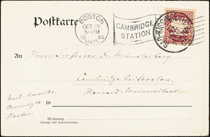 Althoff, Friedrich, 1839-1905. autograph postcard signed to Hugo Münsterberg, [Bad Kissingen?], 18 October 1905