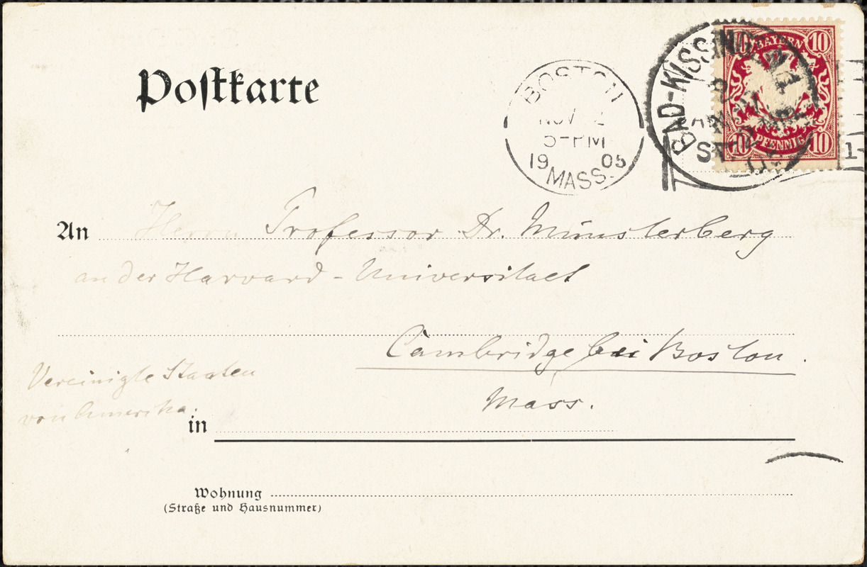 Althoff, Friedrich, 1839-1905. autograph printed card signed to Hugo Münsterberg, [Bad Kissingen], 3 November 1905