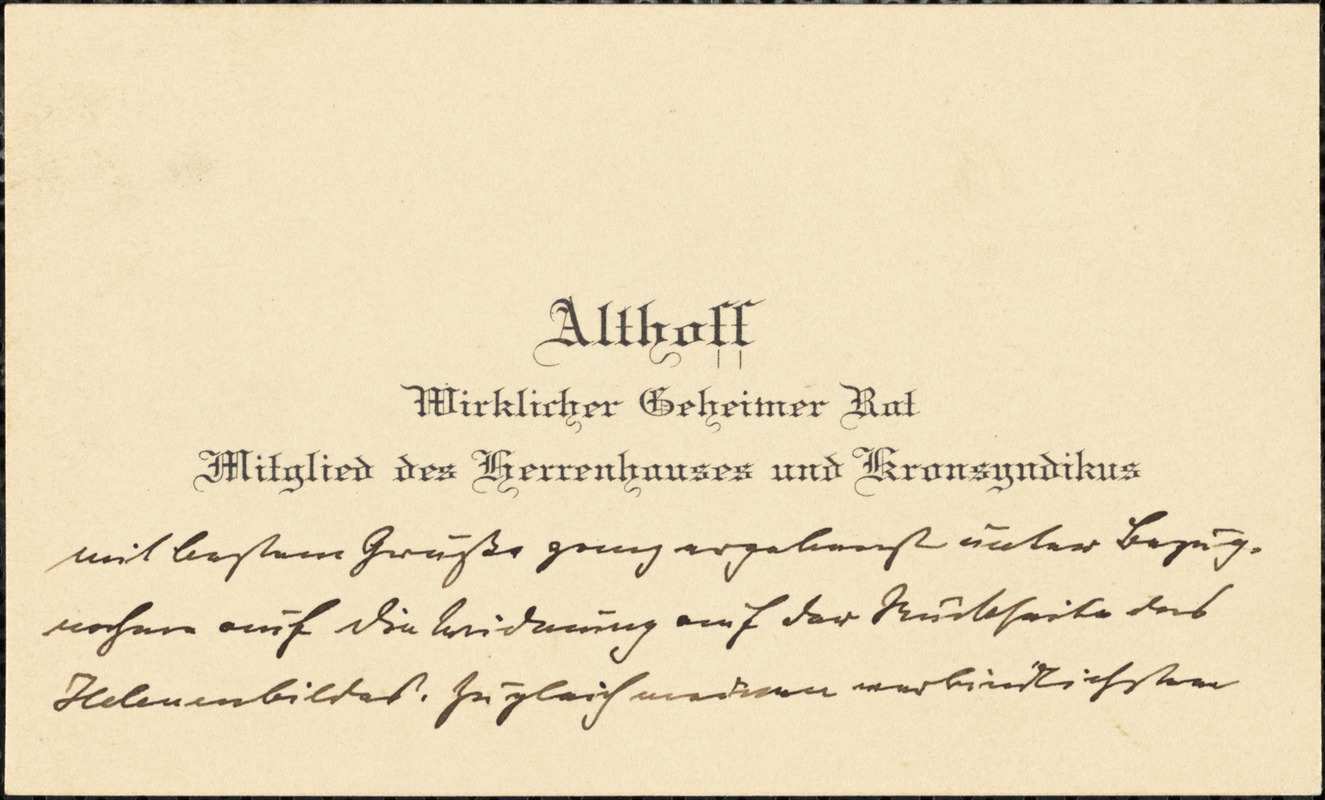Althoff, Friedrich, 1839-1905. autograph printed card signed to Hugo Münsterberg, 31 July 1908