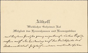 Althoff, Friedrich, 1839-1905. autograph printed card signed to Hugo Münsterberg, 31 July 1908