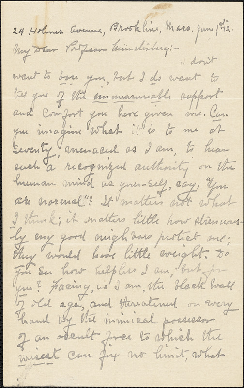 Ames, A. S. autograph letter signed to Hugo Münsterberg, Brookline, Mass., 01 June 1912