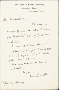 Ames, James Barr, 1846-1910 autograph note signed to Hugo Münsterberg, Cambridge, Mass., 22 February 1904