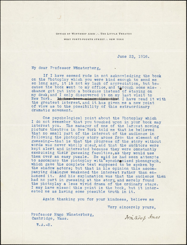 Ames, Winthrop, 1870-1937 typed letter signed to Hugo Münsterberg, New York, 23 June 1916