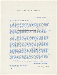 Ames, Winthrop, 1870-1937 typed letter signed to Hugo Münsterberg, New York, 23 June 1916